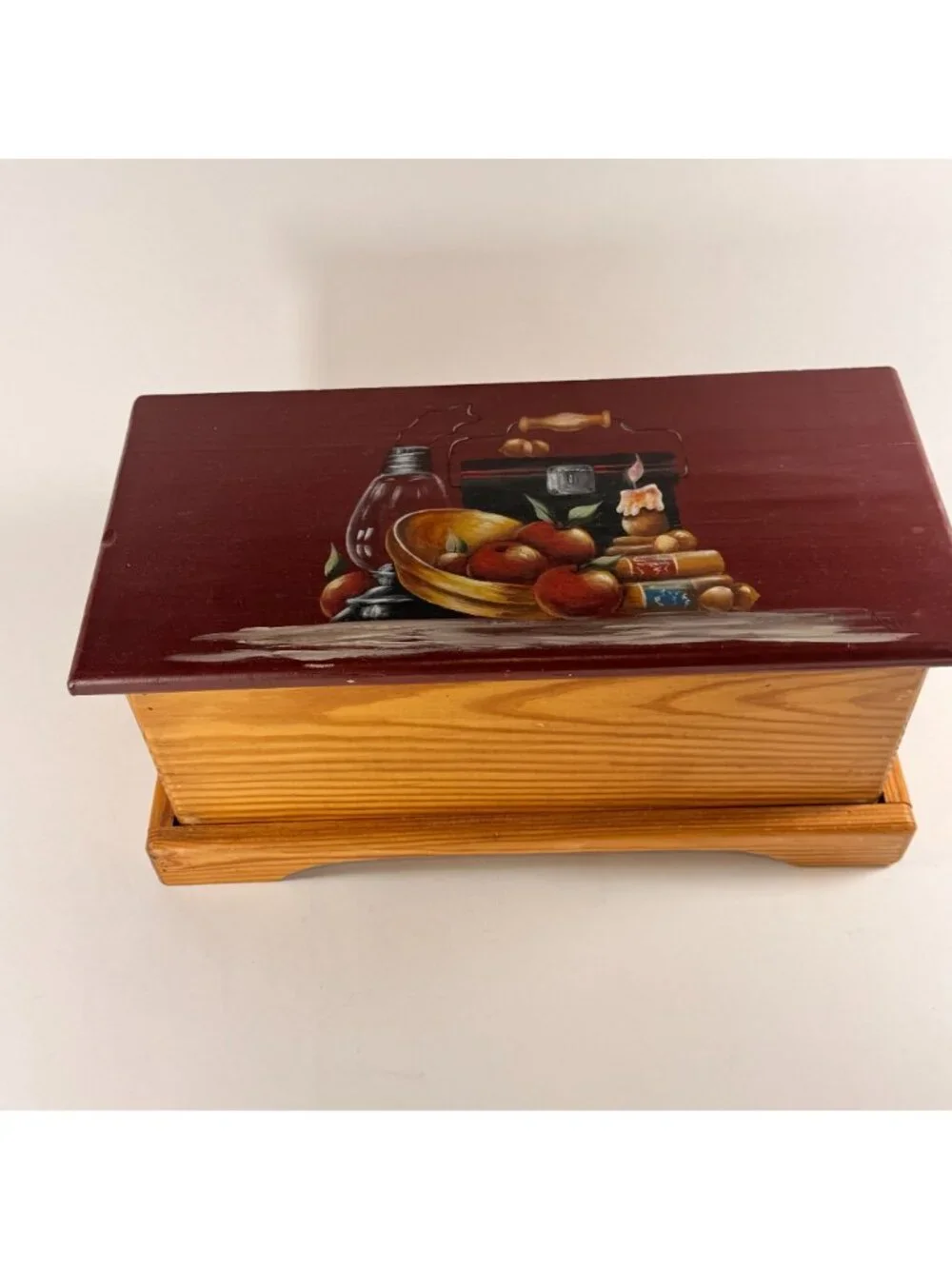 Handcrafted Wooden Bread Box W/ Hinged Lid & Hand Painted Fruit Design 19.5x9.5